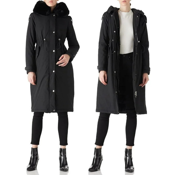 Women Polyester Fiber Long Collar Hooded Thermal Fur lined Belted Puffer Coat - Picture 3 of 6